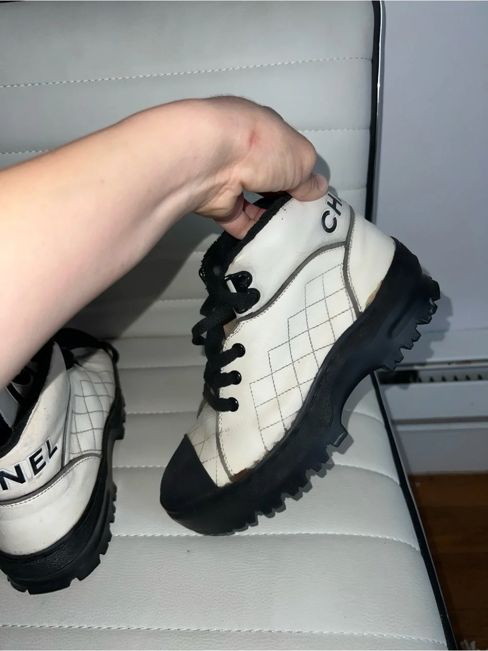 CHANEL White and Black Quilted Lace-Up High-Top Boots